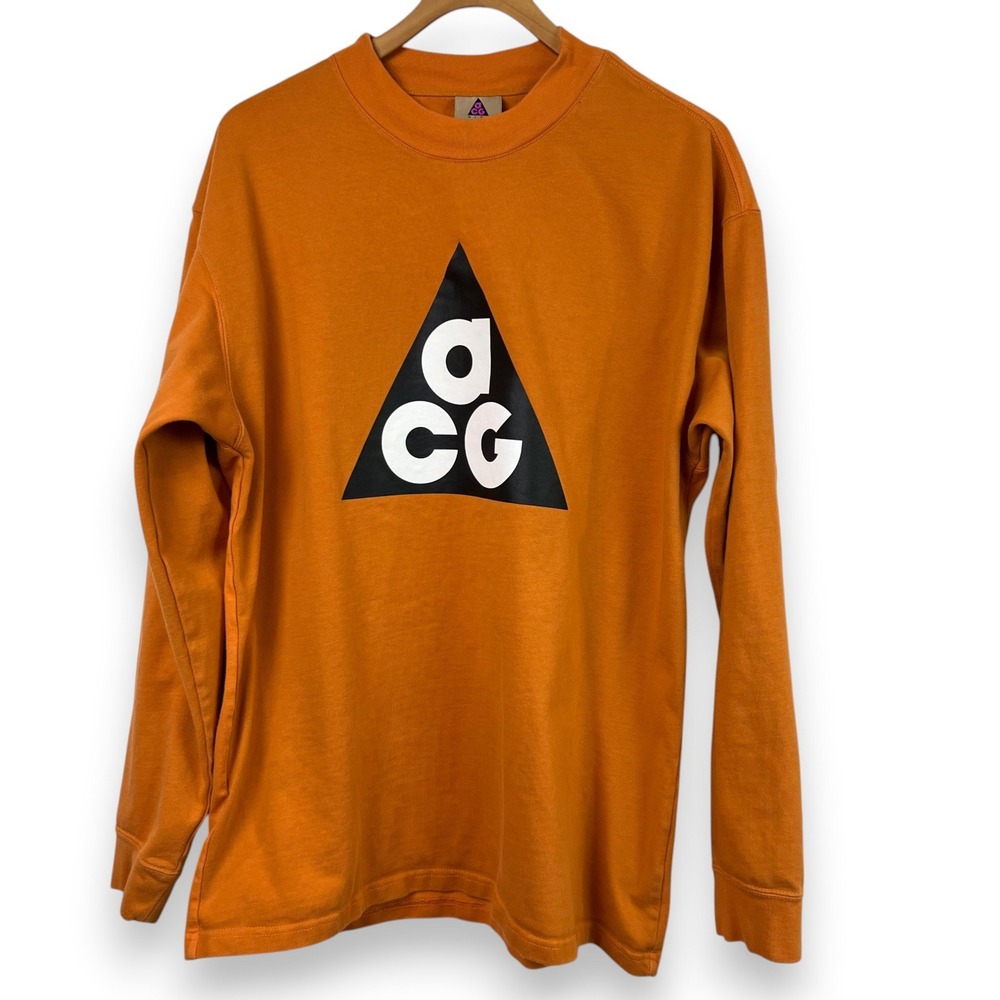 READ Nike ACG Mens Large Orange L/S Graphic T-Shirt Logo Heavyweight Cotton